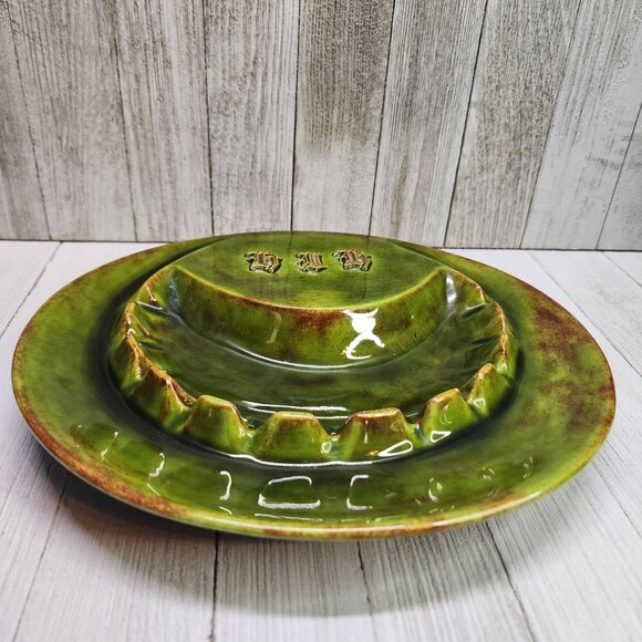 Vtg Glazed Green Two Toned Ceramic Ashtray with 11 Slots German Gothic Markings - Picture 4 of 10